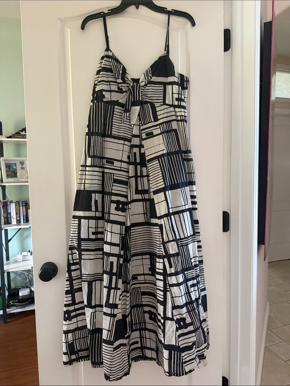 DKNY Black and White Geometric Tie-Front Maxi Dress